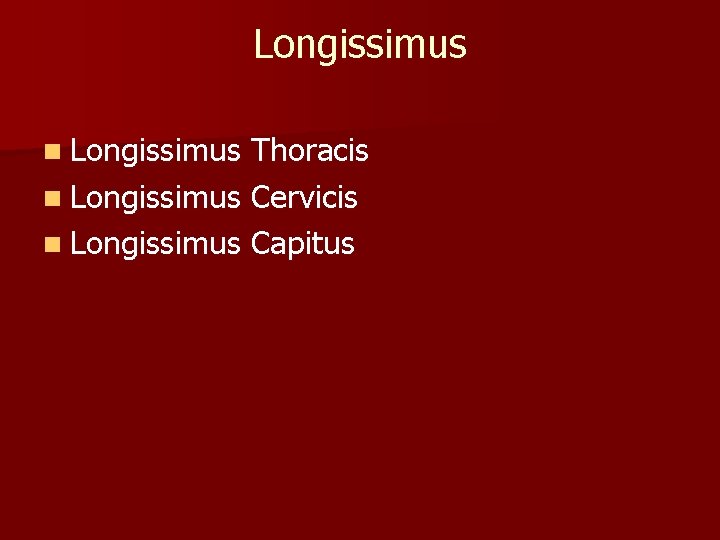 Longissimus n Longissimus Thoracis n Longissimus Cervicis n Longissimus Capitus 