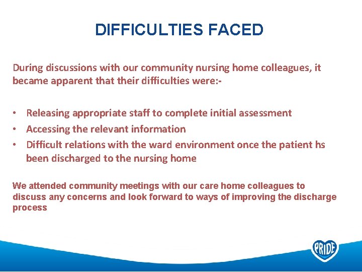 DIFFICULTIES FACED During discussions with our community nursing home colleagues, it became apparent that