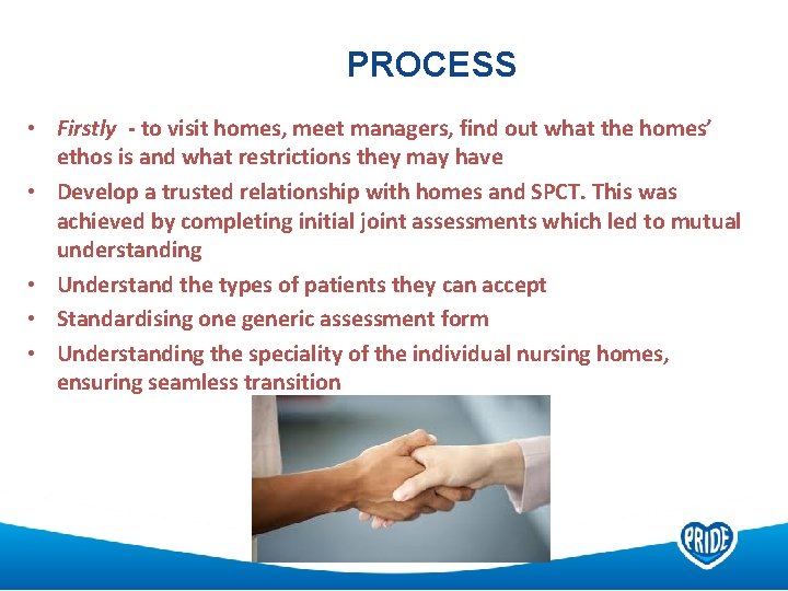 PROCESS • Firstly - to visit homes, meet managers, find out what the homes’