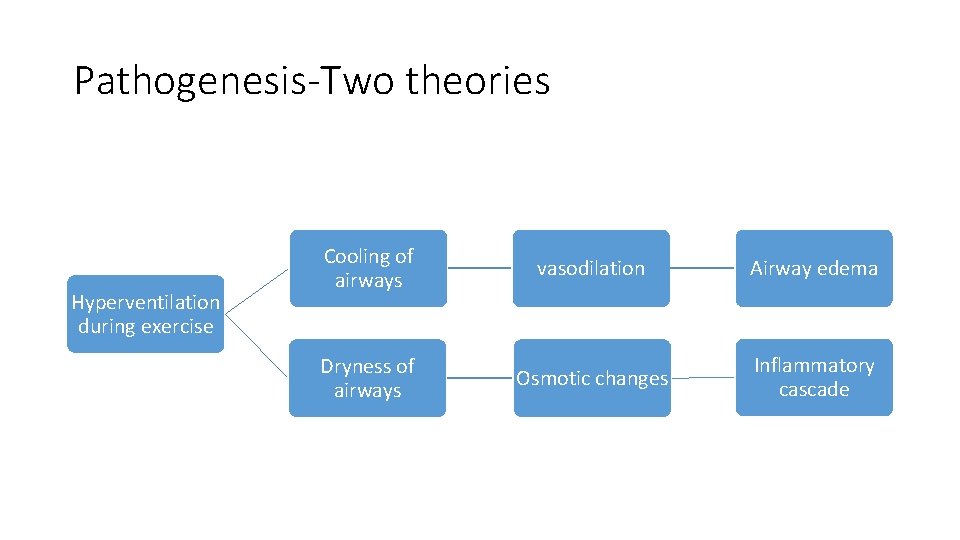 Pathogenesis-Two theories Hyperventilation during exercise Cooling of airways vasodilation Airway edema Dryness of airways