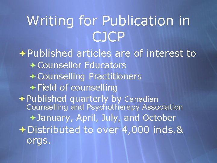 Writing for Publication in CJCP Published articles are of interest to Counsellor Educators Counselling