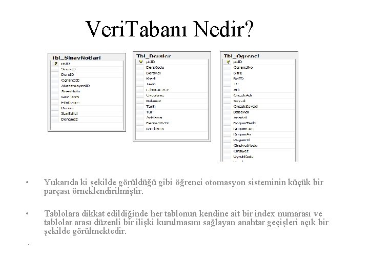 Veri. Tabanı Nedir? • Yukarıda ki şekilde görüldüğü gibi öğrenci otomasyon sisteminin küçük bir