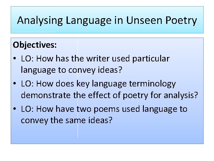 Analysing Language in Unseen Poetry Objectives: • LO: How has the writer used particular