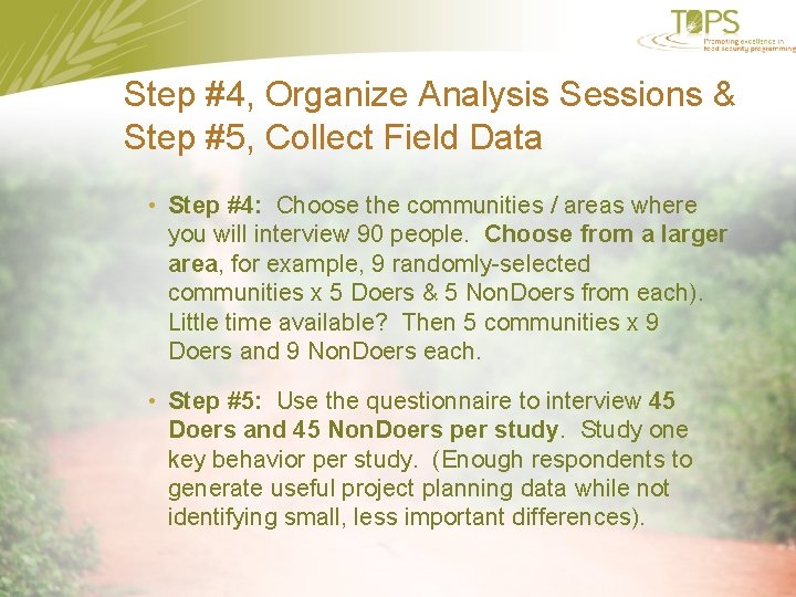 Step #4, Organize Analysis Sessions & Step #5, Collect Field Data • Step #4: