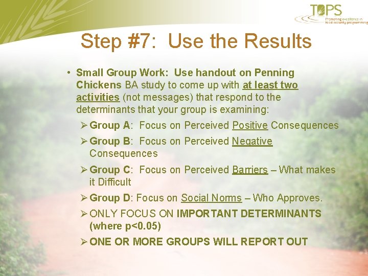 Step #7: Use the Results • Small Group Work: Use handout on Penning Chickens