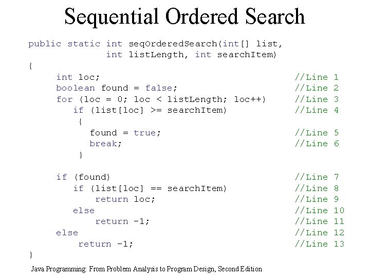 Sequential Ordered Search public static int seq. Ordered. Search(int[] list, int list. Length, int