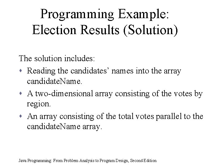 Programming Example: Election Results (Solution) The solution includes: s Reading the candidates’ names into