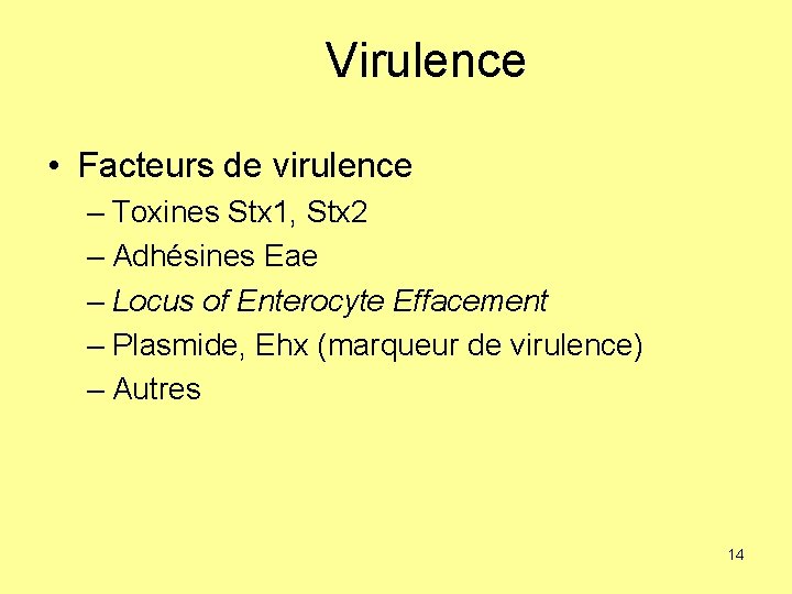 Virulence • Facteurs de virulence – Toxines Stx 1, Stx 2 – Adhésines Eae
