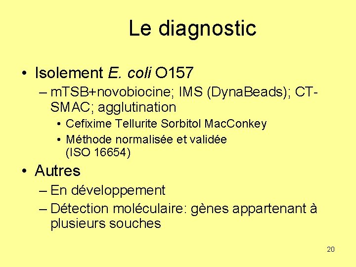 Le diagnostic • Isolement E. coli O 157 – m. TSB+novobiocine; IMS (Dyna. Beads);
