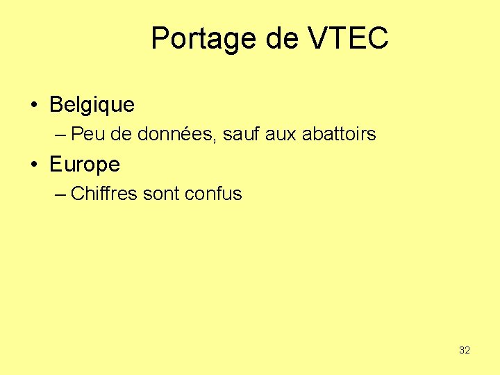 Portage de VTEC • Belgique – Peu de données, sauf aux abattoirs • Europe