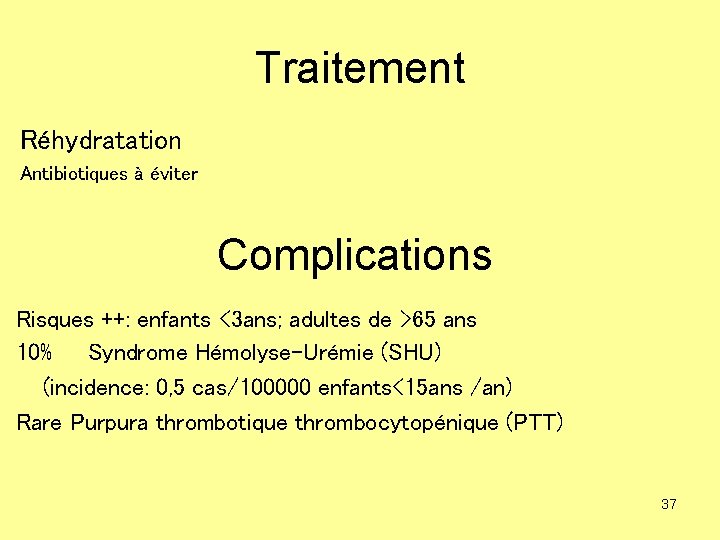 Traitement Réhydratation Antibiotiques à éviter Complications Risques ++: enfants <3 ans; adultes de >65