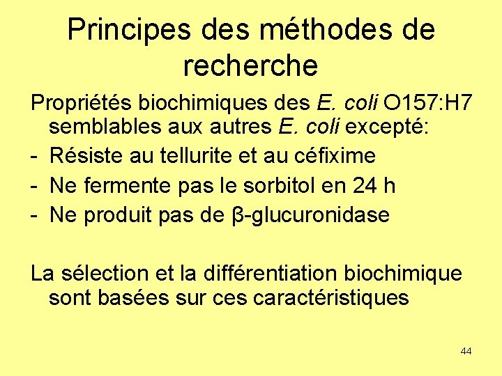 Principes des méthodes de recherche Propriétés biochimiques des E. coli O 157: H 7