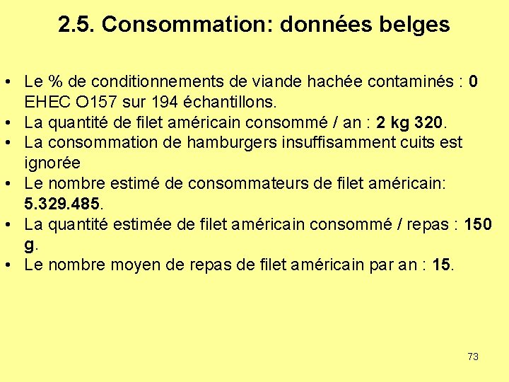 2. 5. Consommation: données belges • Le % de conditionnements de viande hachée contaminés