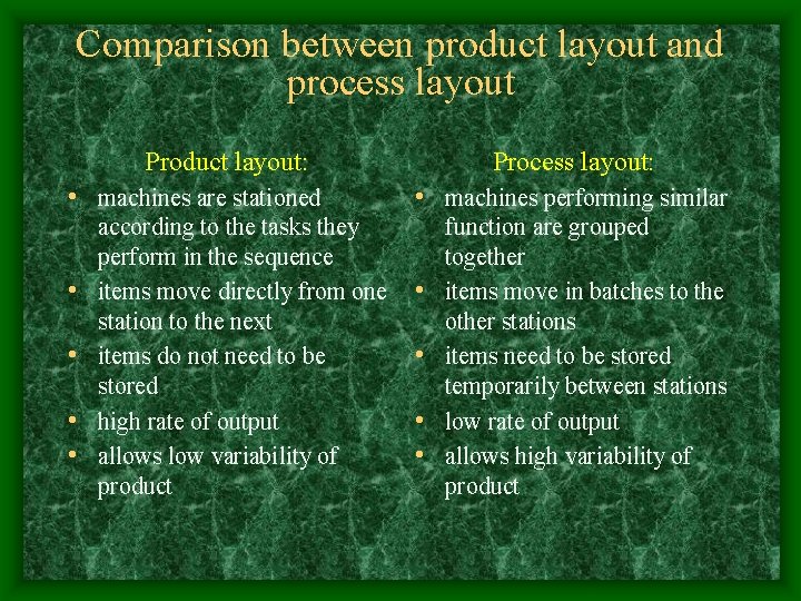 Comparison between product layout and process layout Product layout: • machines are stationed •