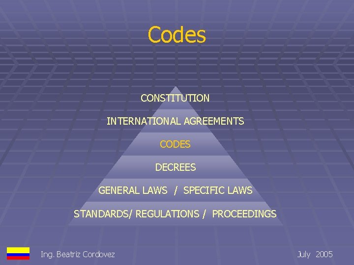 Codes CONSTITUTION INTERNATIONAL AGREEMENTS CODES DECREES GENERAL LAWS / SPECIFIC LAWS STANDARDS/ REGULATIONS /