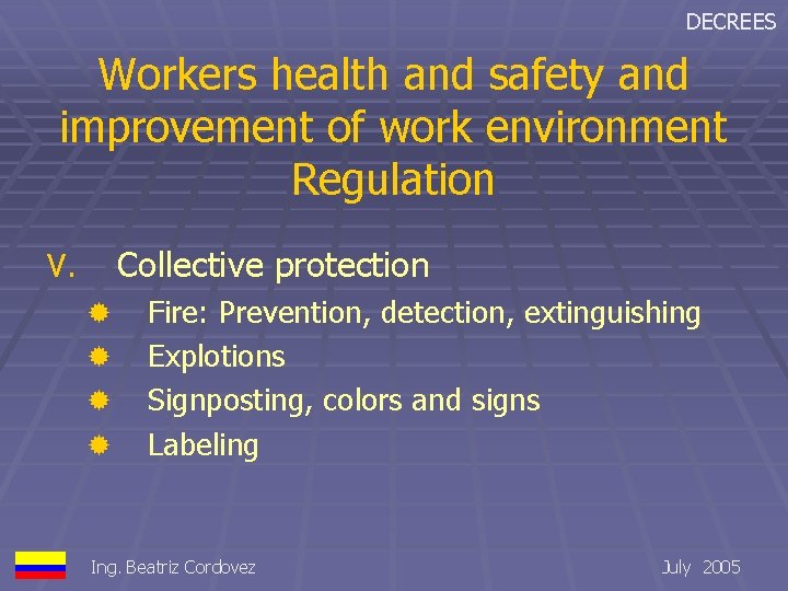 DECREES Workers health and safety and improvement of work environment Regulation Collective protection V.