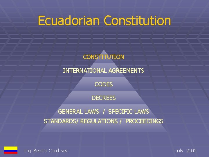 Ecuadorian Constitution CONSTITUTION INTERNATIONAL AGREEMENTS CODES DECREES GENERAL LAWS / SPECIFIC LAWS STANDARDS/ REGULATIONS
