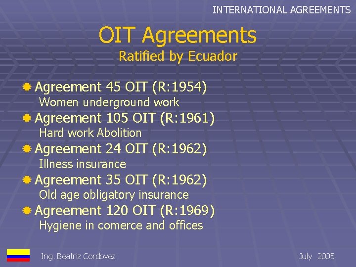 INTERNATIONAL AGREEMENTS OIT Agreements Ratified by Ecuador ® Agreement 45 OIT (R: 1954) Women