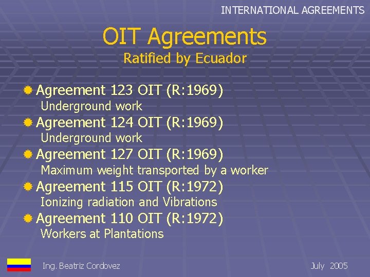 INTERNATIONAL AGREEMENTS OIT Agreements Ratified by Ecuador ® Agreement 123 OIT (R: 1969) Underground