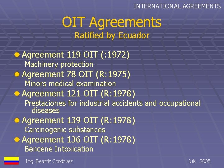 INTERNATIONAL AGREEMENTS OIT Agreements Ratified by Ecuador ® Agreement 119 OIT (: 1972) Machinery