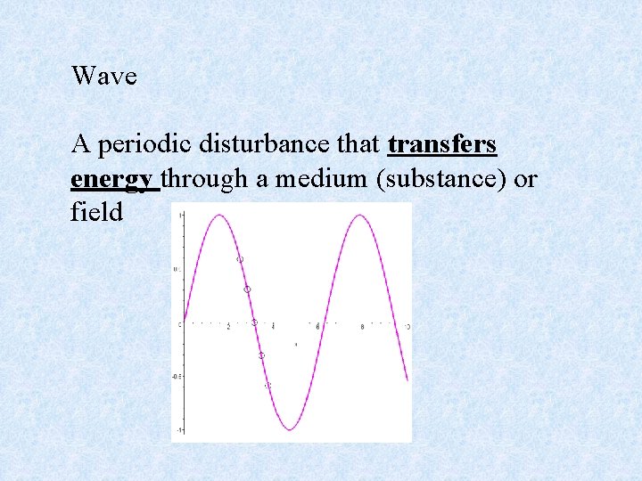 Wave A periodic disturbance that transfers energy through a medium (substance) or field 