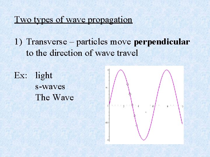 Two types of wave propagation 1) Transverse – particles move perpendicular to the direction