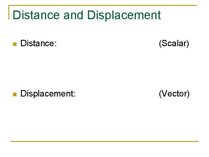 Distance and Displacement n Distance: (Scalar) n Displacement: (Vector) 