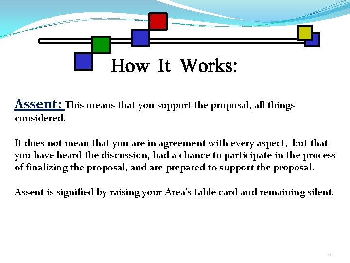 Assent: This means that you support the proposal, all things considered. It does not
