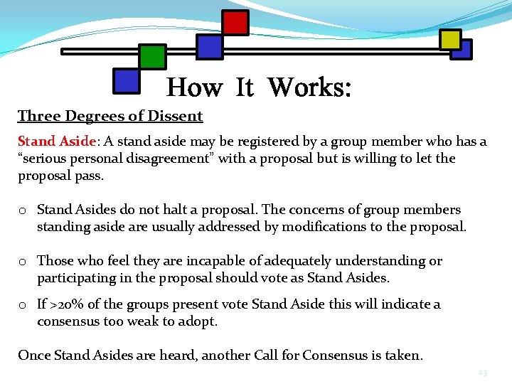 Three Degrees of Dissent Stand Aside: A stand aside may be registered by a