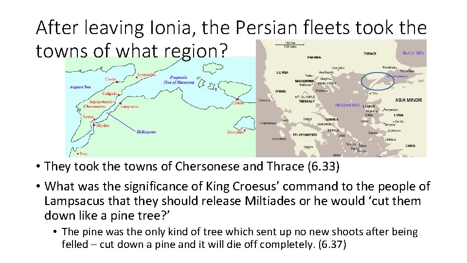 After leaving Ionia, the Persian fleets took the towns of what region? • They