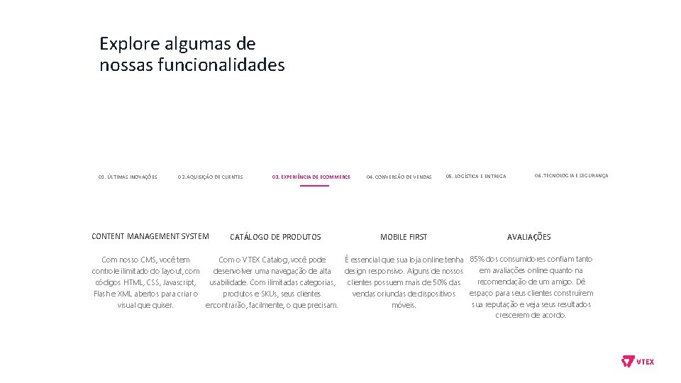 Explore algumas de nossas funcionalidades 01. ÚLTIMAS INOVAÇÕES 02. AQUISIÇÃO DE CLIENTES CONTENT MANAGEMENT