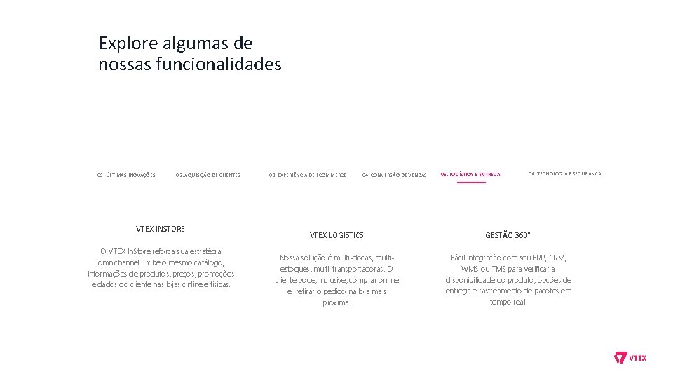 Explore algumas de nossas funcionalidades 01. ÚLTIMAS INOVAÇÕES 02. AQUISIÇÃO DE CLIENTES VTEX INSTORE