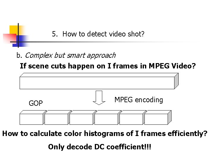 5. How to detect video shot? b. Complex but smart approach If scene cuts