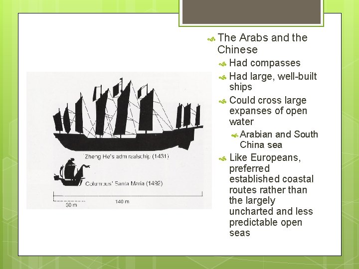  The Arabs and the Chinese Had compasses Had large, well-built ships Could cross