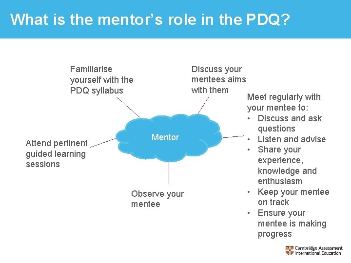 What is the mentor’s role in the PDQ? Discuss your mentees aims with them