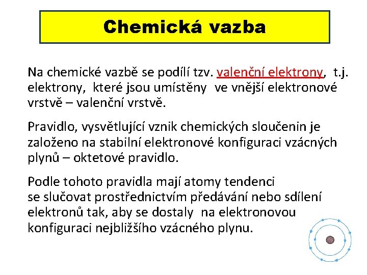 Chemická vazba Na chemické vazbě se podílí tzv. valenční elektrony, t. j. elektrony, které