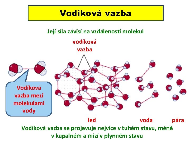 Vodíková vazba Její síla závisí na vzdálenosti molekul vodíková vazba Vodíková vazba mezi molekulami