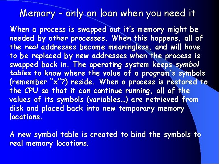 Memory – only on loan when you need it When a process is swapped
