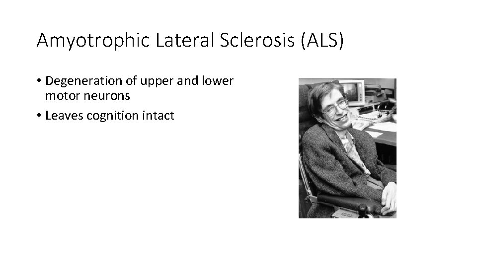Amyotrophic Lateral Sclerosis (ALS) • Degeneration of upper and lower motor neurons • Leaves
