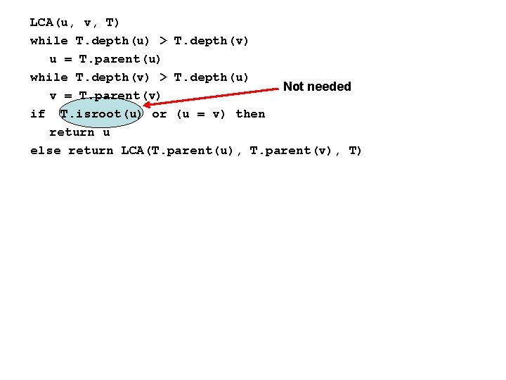 LCA(u, v, T) while T. depth(u) > T. depth(v) u = T. parent(u) while