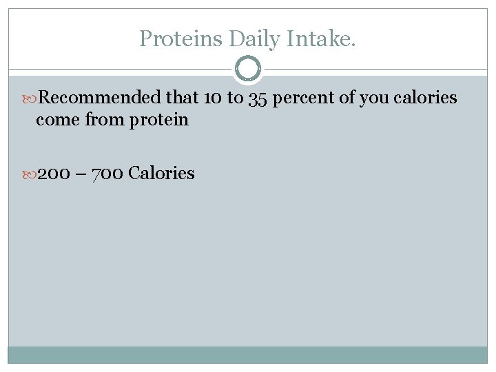 Proteins Daily Intake. Recommended that 10 to 35 percent of you calories come from