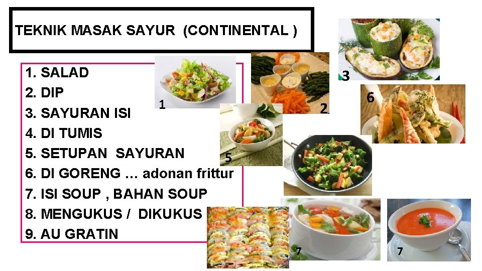 TEKNIK MASAK SAYUR (CONTINENTAL ) 1. SALAD 2. DIP 1 3. SAYURAN ISI 4.