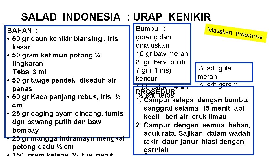 SALAD INDONESIA : URAP KENIKIR BAHAN : • 50 gr daun kenikir blansing ,