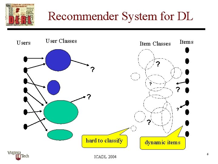 Recommender System for DL Users User Classes Item Classes ? ? hard to classify