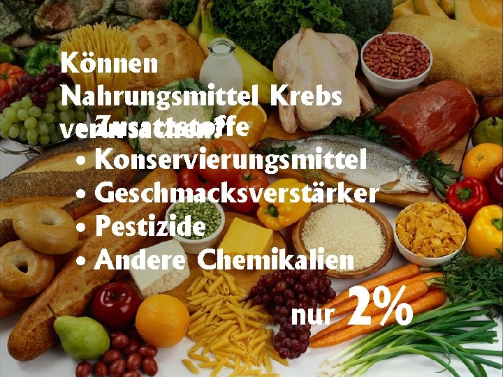 Können Nahrungsmittel Krebs • Zusatzstoffe verursachen? • Konservierungsmittel • Geschmacksverstärker • Pestizide • Andere