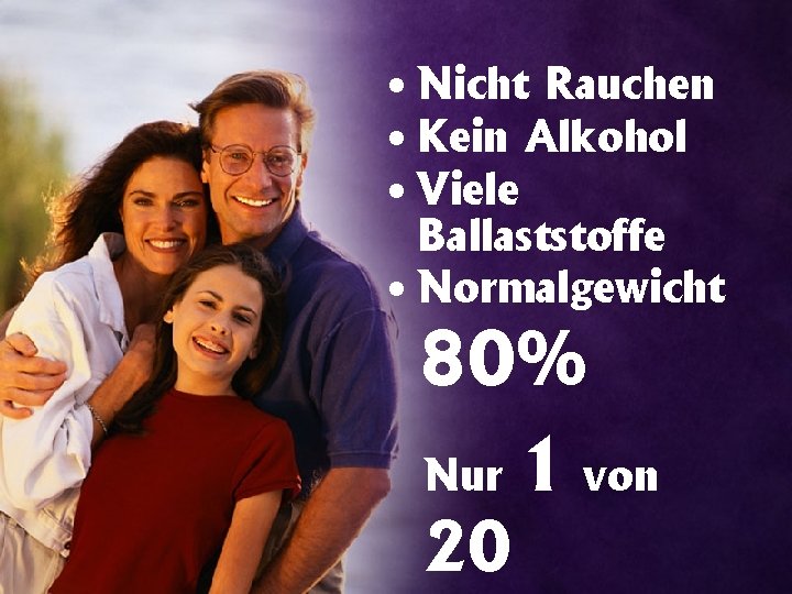  • Nicht Rauchen • Kein Alkohol • Viele Ballaststoffe • Normalgewicht 80% Nur