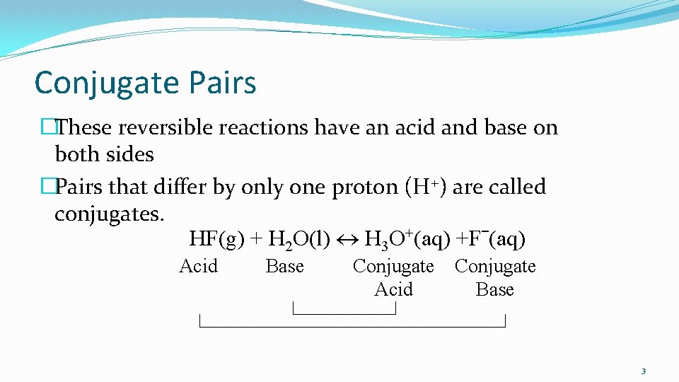 Conjugate Pairs �These reversible reactions have an acid and base on both sides �Pairs