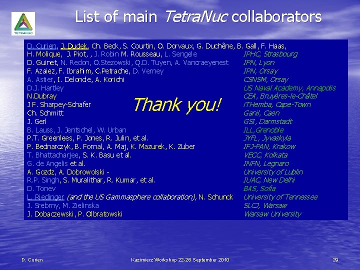 List of main Tetra. Nuc collaborators D. Curien, J. Dudek, Ch. Beck, S. Courtin,