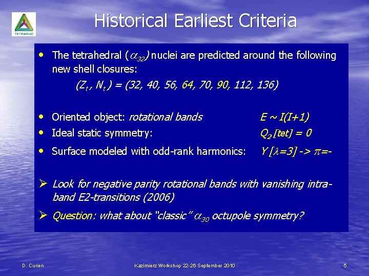 Historical Earliest Criteria • The tetrahedral (a 32) nuclei are predicted around the following