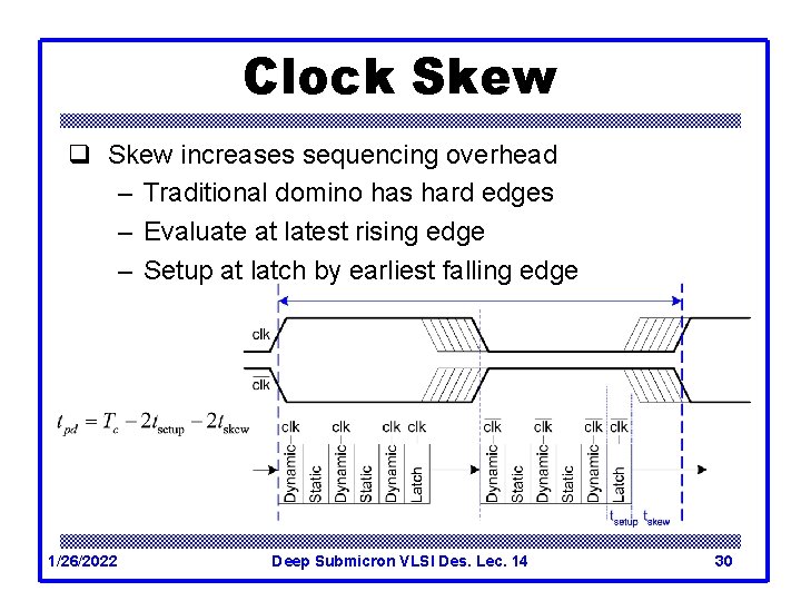 Clock Skew q Skew increases sequencing overhead – Traditional domino has hard edges –